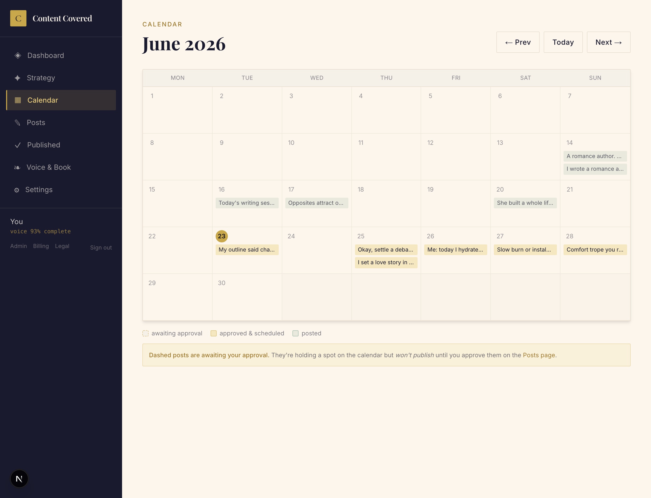 The monthly calendar with posts colour-coded by approval status