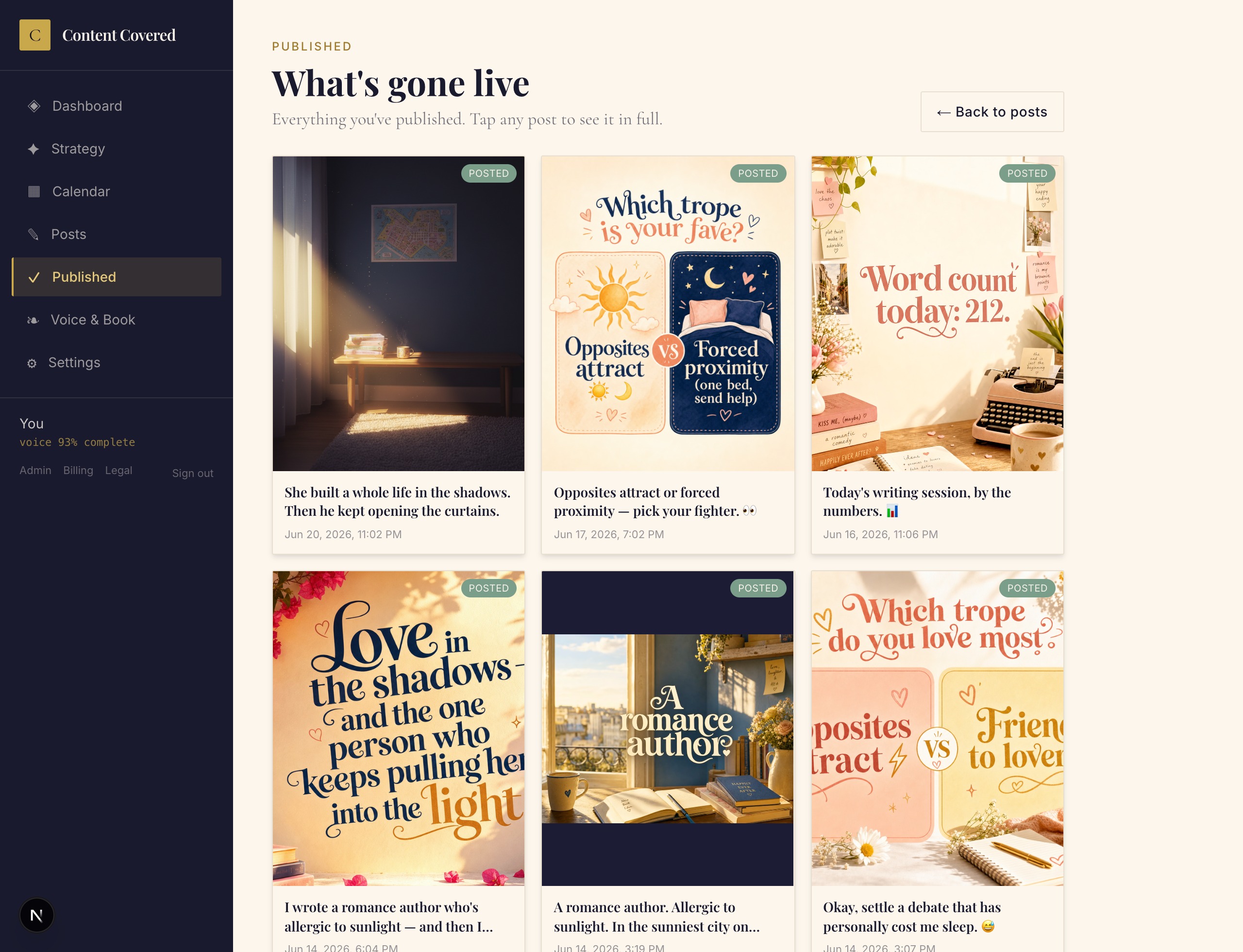 The Published page showing a gallery of posts that have gone live