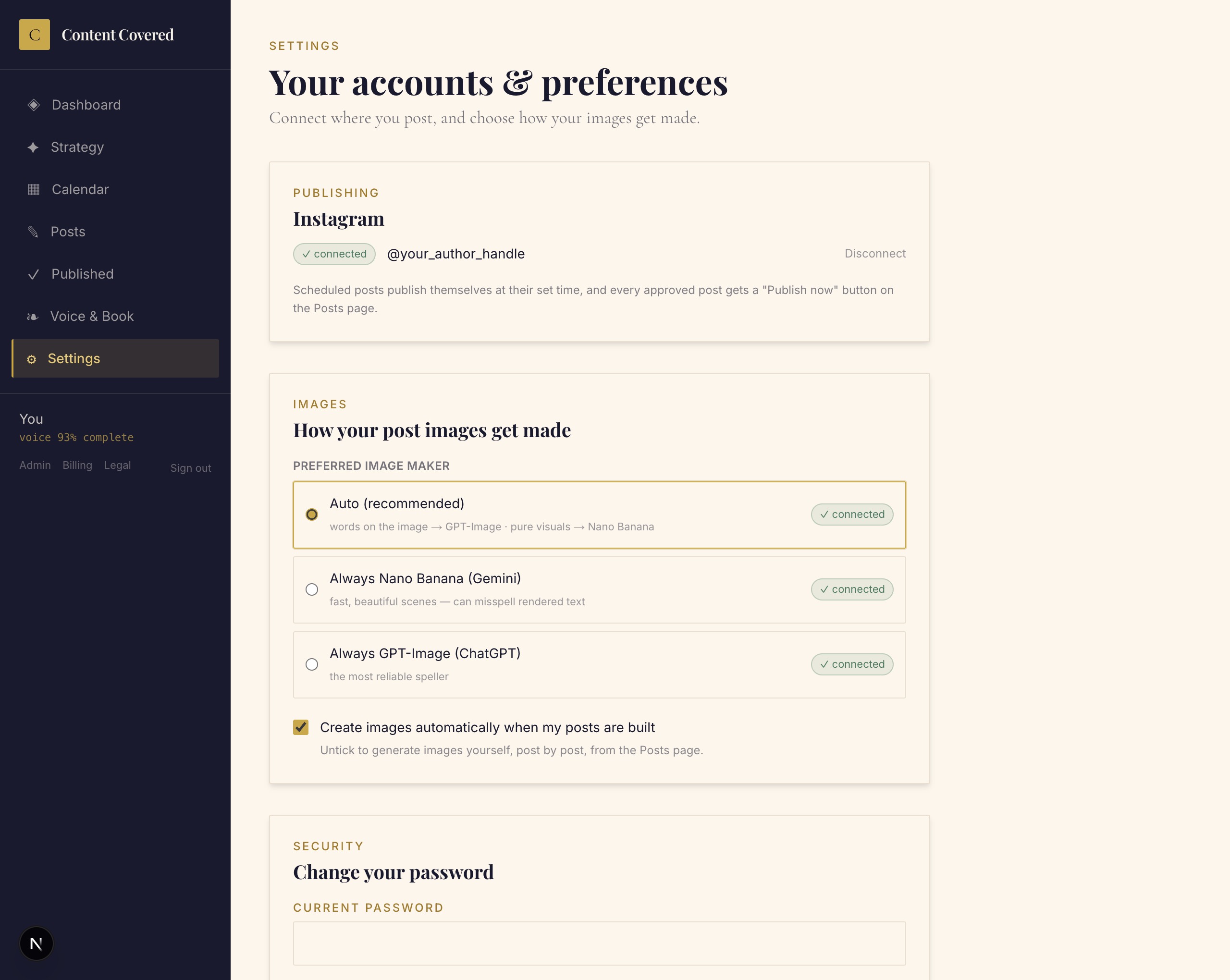 The Settings page showing the Instagram connection card marked connected